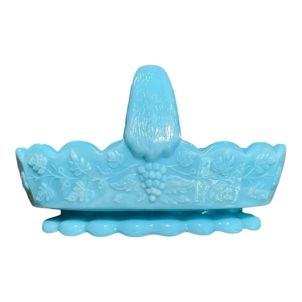 VINTAGE, WESTMORLAND, SATIN BLUE CUSTARD BASKET WITH SPLIT HANDLE.